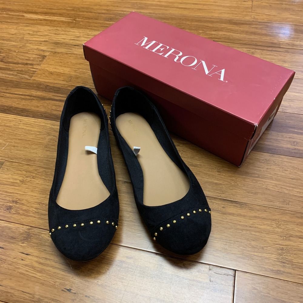 Merona Madeline Black‎ Studded Ballet Flats Women Size 9 Faux Suede Gold Studs